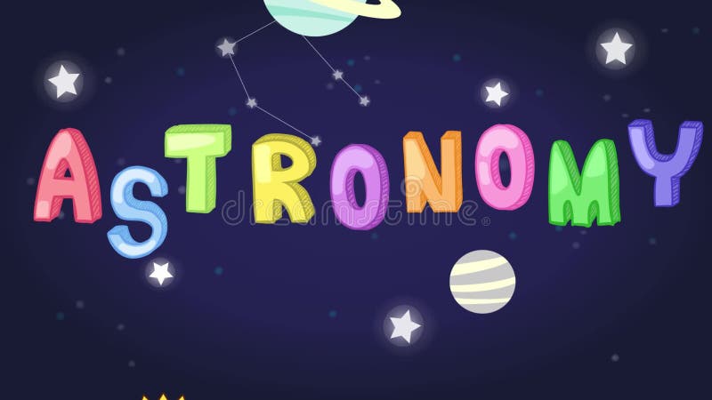 A animação do encabeçamento criançola do assunto da ciência da astronomia com texto e o planeta coloridos stars o ícone do vaivém