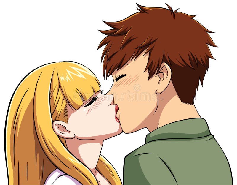 Kiss of two girls in love anime style. Generative AI Content. Stock  Illustration