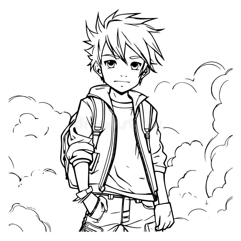 Anime Boy. Vector Black and White Drawing Stock Vector - Illustration