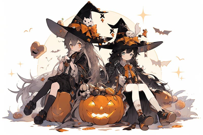 anime Cartoon children in costumes Trick or Treating with jack o lantern on Halloween night. AI generated