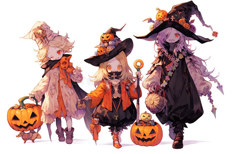 anime Cartoon children in costumes Trick or Treating with jack o lantern on Halloween night. AI generated