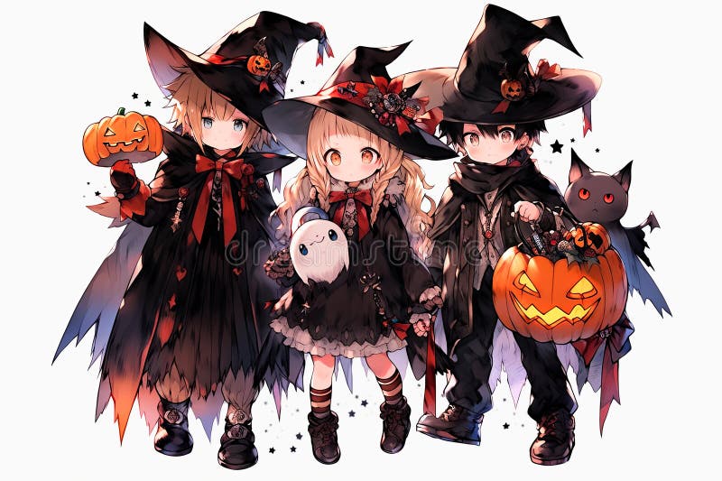 anime Cartoon children in costumes Trick or Treating with jack o lantern on Halloween night. AI generated