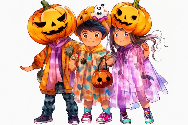 anime Cartoon children in costumes Trick or Treating with jack o lantern on Halloween night. AI generated