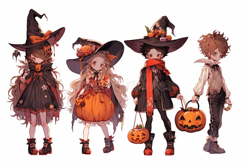 anime Cartoon children in costumes Trick or Treating with jack o lantern on Halloween night. AI generated