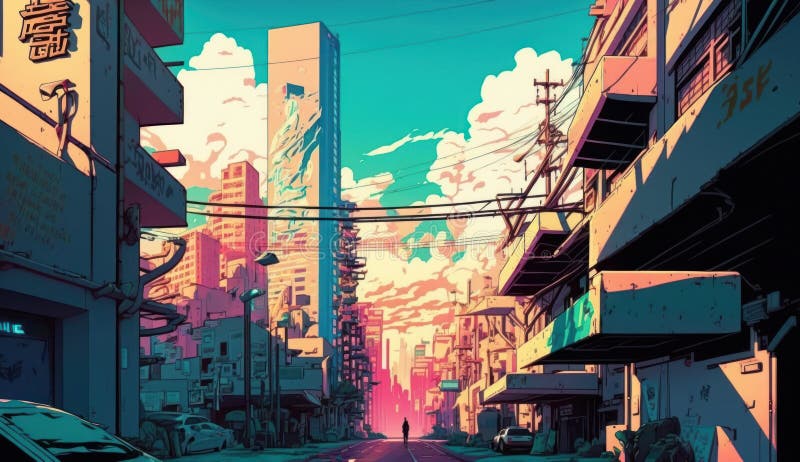 Anime City Streets Neon AMOLED/OLED, Generative Ai Stock Illustration ...