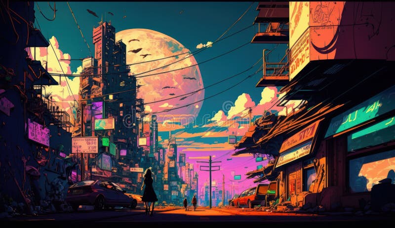 Anime City Streets Neon AMOLED/OLED, Generative Ai Stock Illustration ...