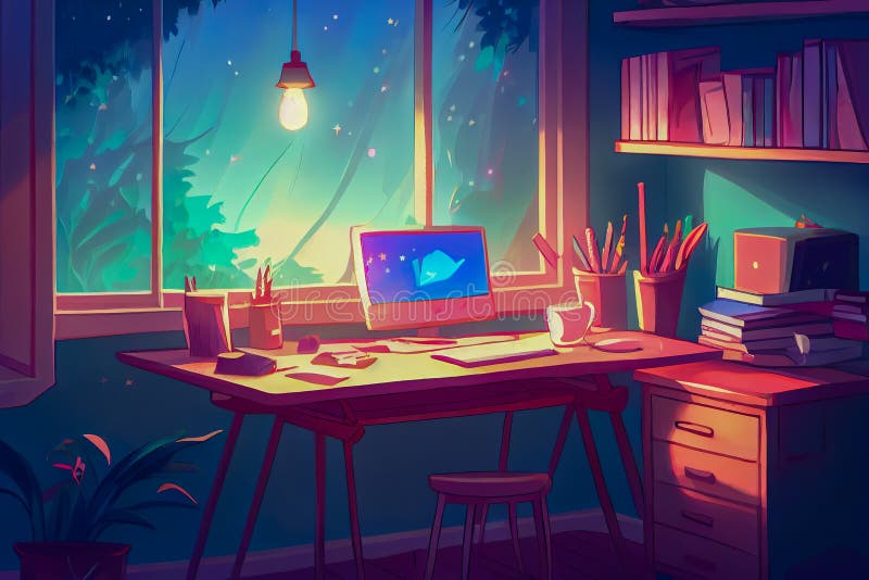 Anime Desktop Interior in a Room Overlooking a Green Forest. Generative ...