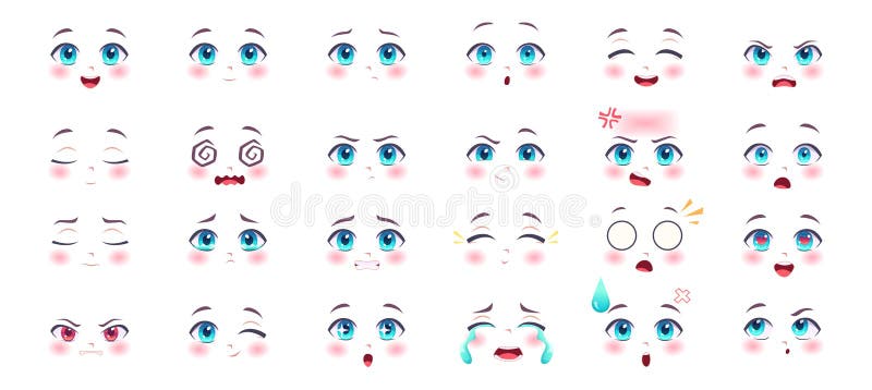 Anime Expressions. Kawaii Cute Faces with Eyes Lips and Nose Cartoon  Anatomy Smiling Manga Girls Exact Vector Pictures Stock Vector -  Illustration of happy, emotion: 241931971