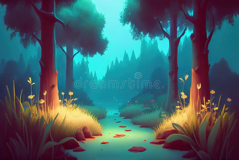 Anime Fantasy Forest At Night Generative Ai Stock Photo Image Of
