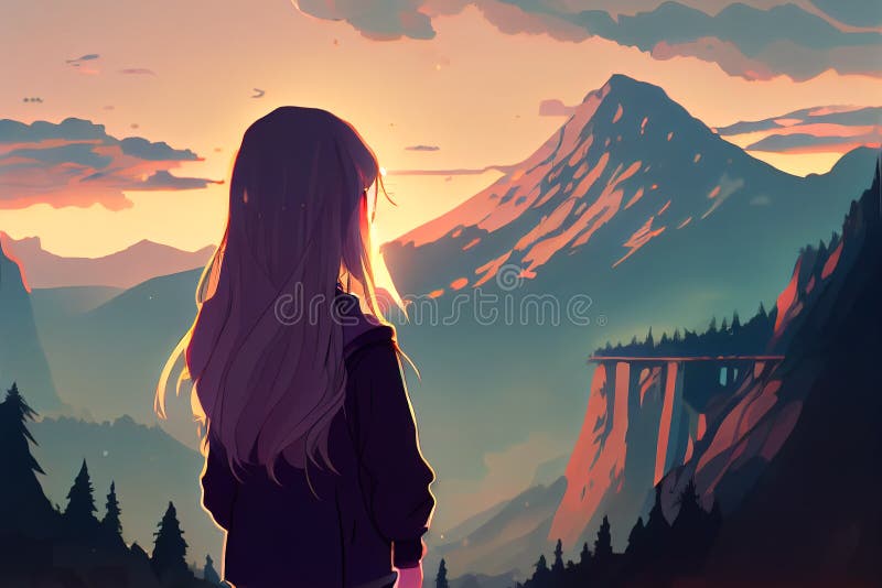 Anime man hiking in the mountains. Manga, cartoon drawing of character  looking at the nature landscape. Majestic moment of happiness and success.  Sad depressed emotions. Adventure lifestyle. Stock Illustration | Adobe  Stock