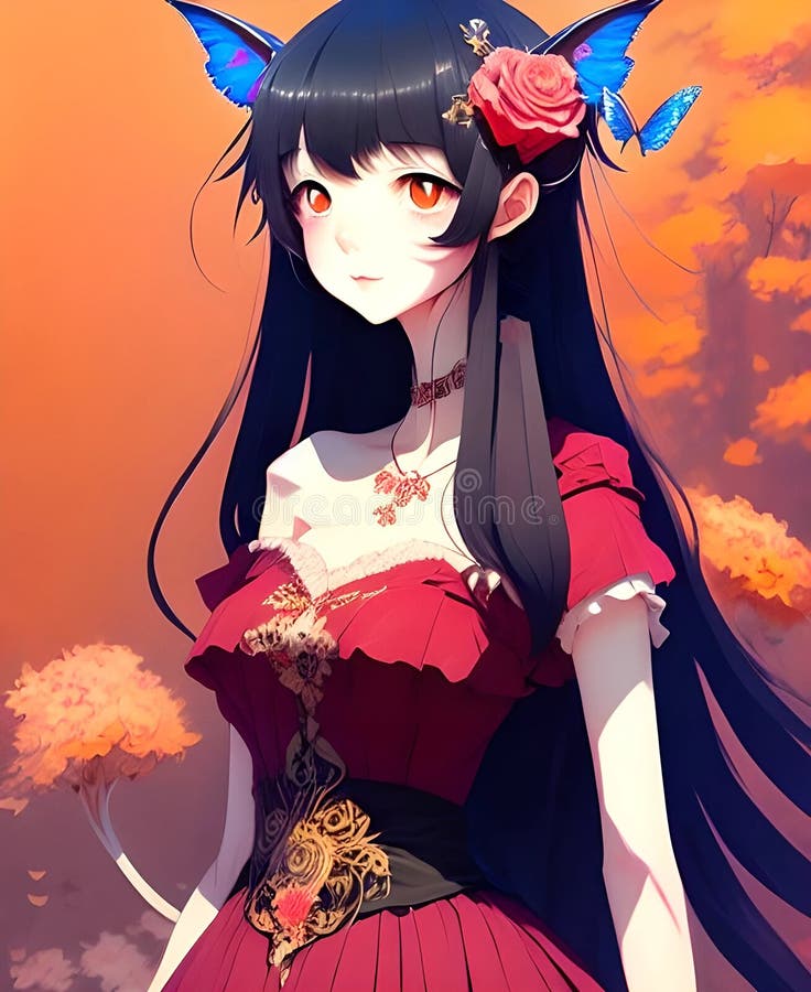Anime girl portret with flower in long hair Vector Image