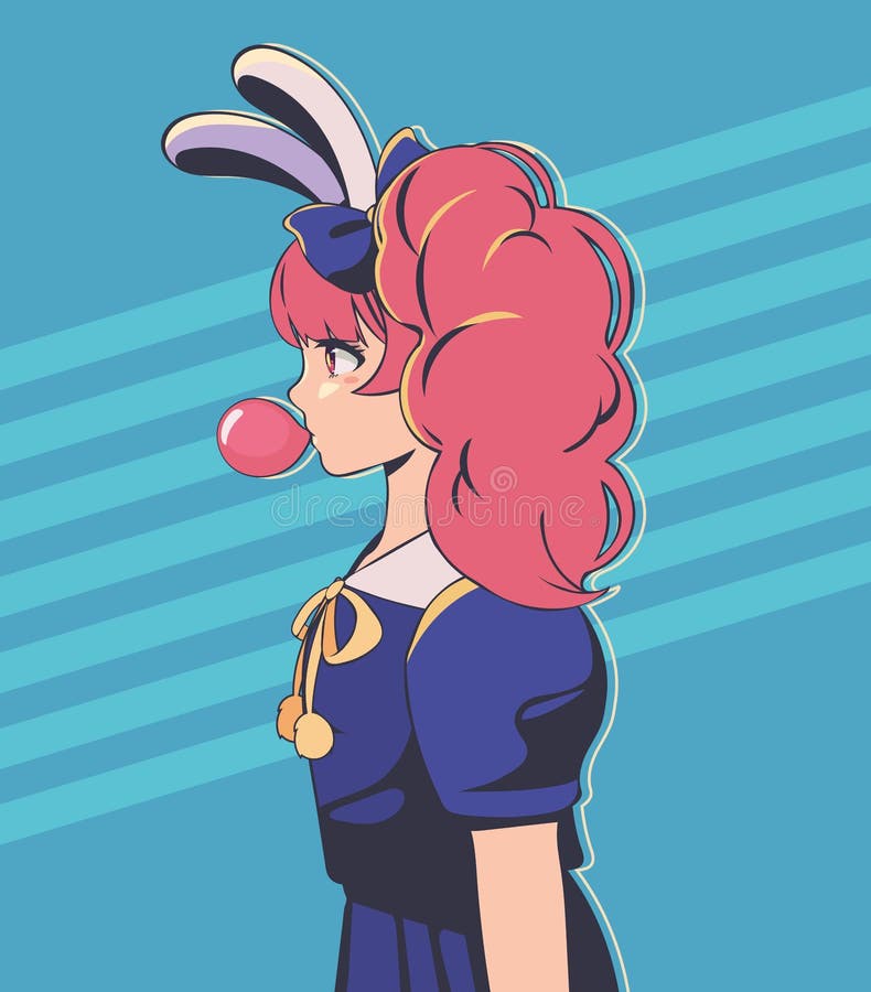 Anime girl with bubble gum stock vector. Illustration of happy 249262207