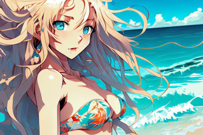 An anime girl with long blue hair, set against a sunny beach with sea waves, generative ai illustration