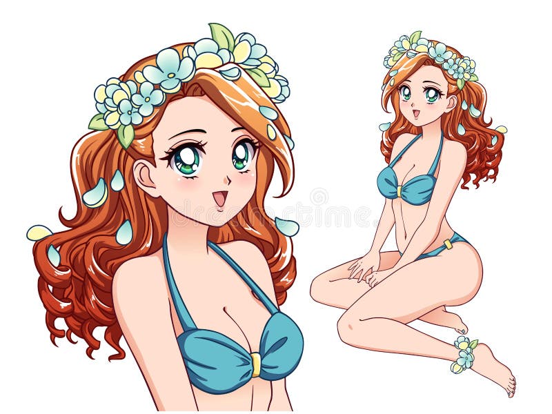 Anime Girl Wearing Blue Swimsuit and Flower Wreath. Red Curly Hair, Big  Brown Eyes Stock Vector - Illustration of girl, cute: 165015728