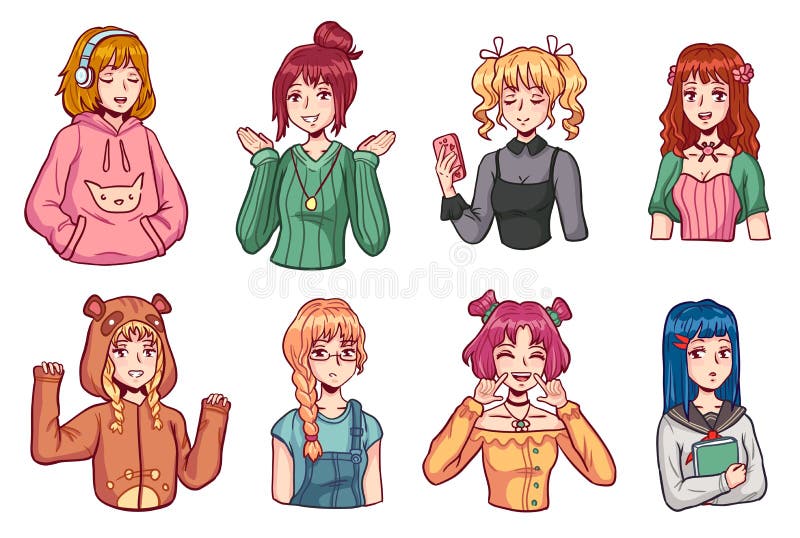 Anime Girls. Beautiful Japanese Manga Schoolgirls in Uniform, Lolita Style  Dress, Overalls and Hoodie Stock Vector - Illustration of cartoon, head:  204489608