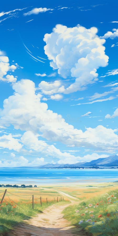 Anime-inspired Illustration Of A Scenic Beach Road With Azure Sky stock illustration