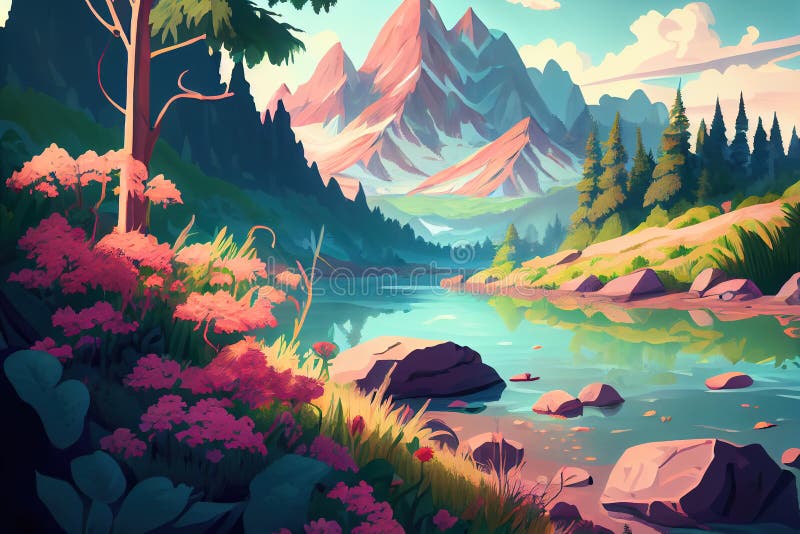 Anime Landscape with Green Grass and Mountains