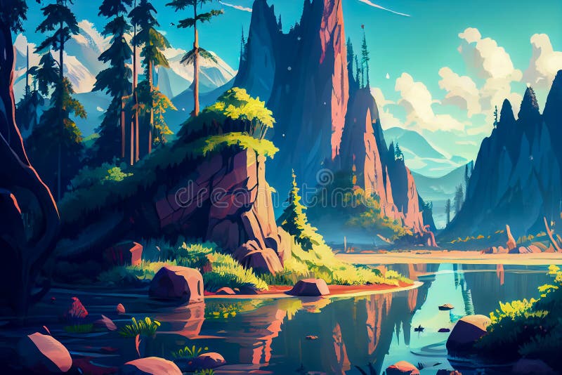 Summer seasonal anime style background, landscape, mountain, lake, and  relax vibes anime background or wallpaper. Generative Ai. 23857002 Stock  Photo at Vecteezy