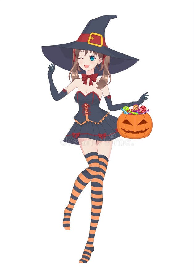 Anime manga girl in a witch costume with a big hat