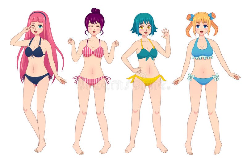 Anime Girls. Beautiful Japanese Manga Schoolgirls in Uniform, Lolita Style  Dress, Overalls and Hoodie Stock Vector - Illustration of cartoon, head:  204489608