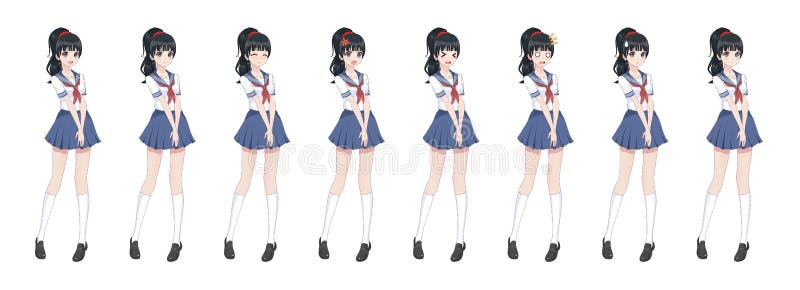 Anime manga girl, Cartoon character in Japanese style.School girl in a sailor suit, blue skirt.Set of emotions.Sprite full length character for game visual novel. Anime manga girl, Cartoon character in Japanese style.School girl in a sailor suit, blue skirt.Set of emotions.Sprite full length character for game visual novel