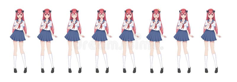 Anime manga girl, Cartoon character in Japanese style.School girl in a sailor suit, blue skirt.Set of emotions.Sprite full length character for game visual novel. Anime manga girl, Cartoon character in Japanese style.School girl in a sailor suit, blue skirt.Set of emotions.Sprite full length character for game visual novel