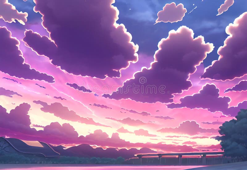 Anime Sky, Pink Clouds Landscape. Cute Romantic and Love Heaven Air