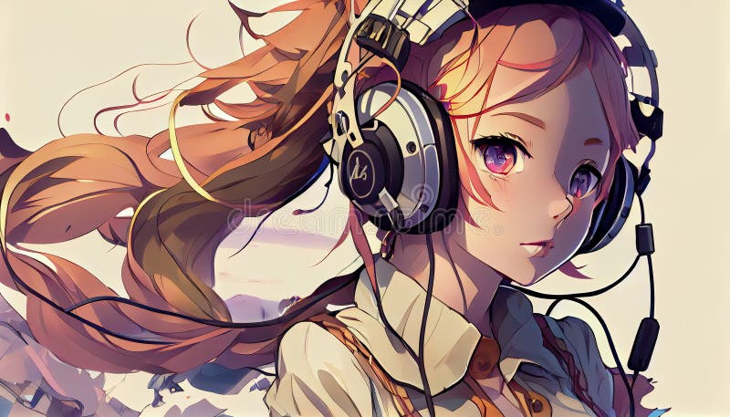 futuristic anime style girl listening to music with headphones