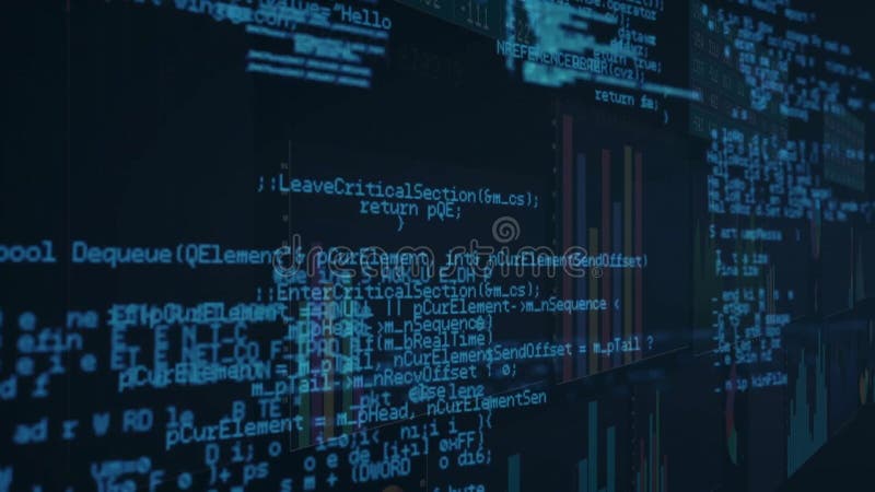 Animera datorkod och visualisering av data över mörk bakgrund royaltyfri illustrationer