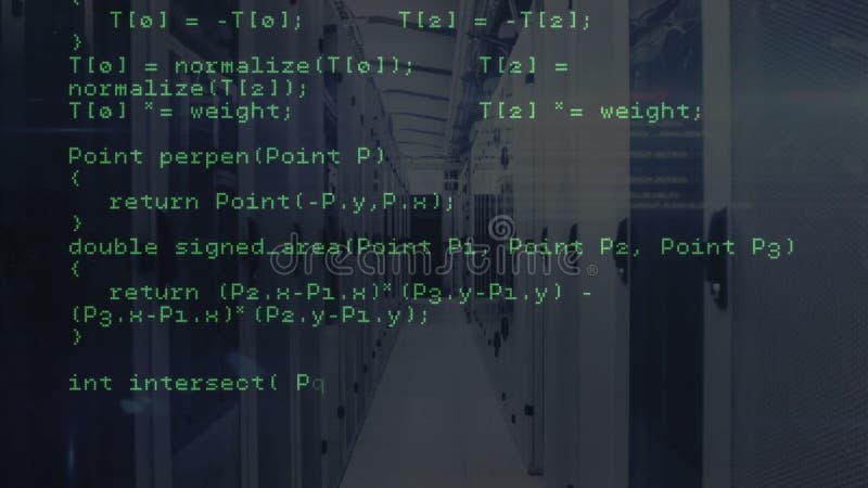 Animera datorkod över datacenterservrar i hallen stock illustrationer