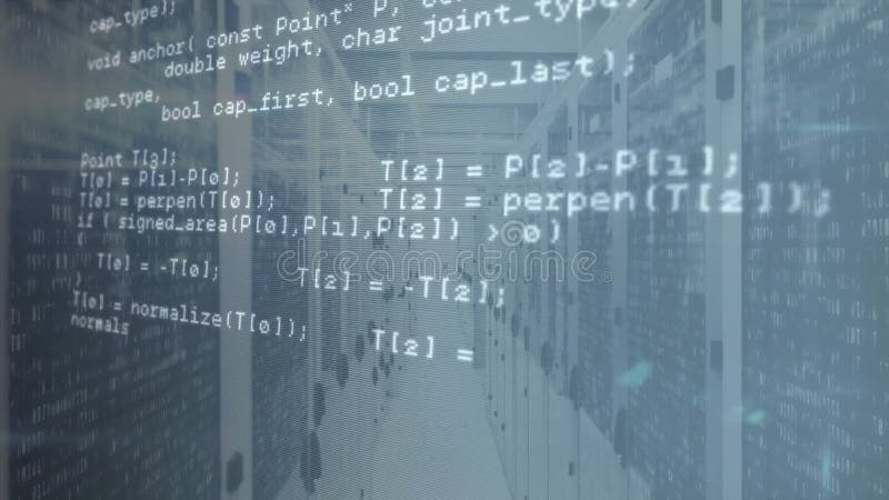 Animera datorkod över serverrumsbakgrund i datacenter royaltyfri illustrationer