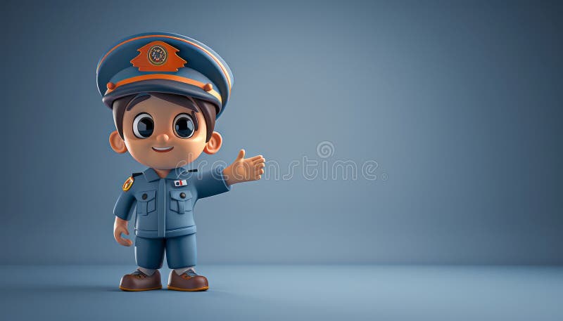 Animerat barn i polisuniform som ger tummen upp nära porträtt på den blå gradientbakgrundstecknet söt och söt och royaltyfri illustrationer