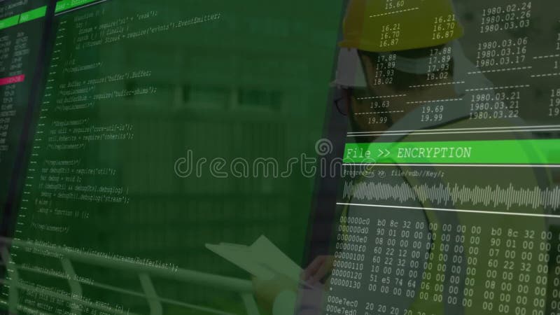 Animering av datorkodning som täcker personer som arbetar på en bärbar dator på kontoret vektor illustrationer
