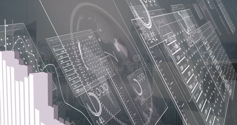 Animering av det framtida digitala gränssnittet som visar datatabeller över cityscape arkivfilmer