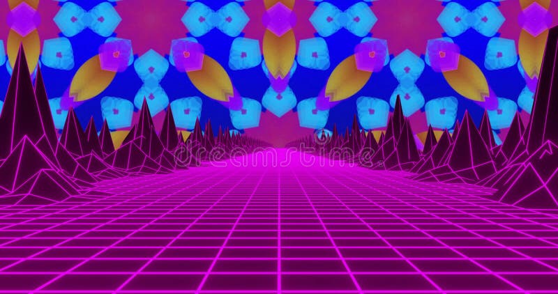 Animering av vibranta geometriska former i det framtida neonlandskapet med rutmönster stock illustrationer