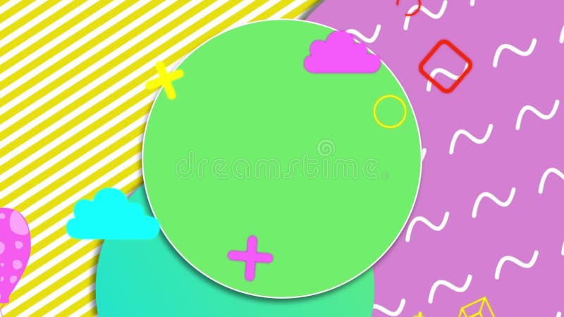 Animering av vibranta geometriska former som rör sig på lila och gul bakgrund royaltyfri illustrationer