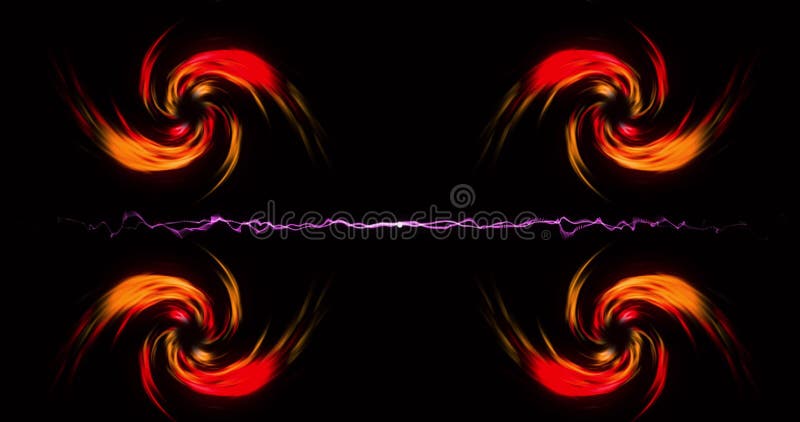 Animering av vit explosion med ljusförsök över fyra spiraler av orange ljus mot svart bakgrund