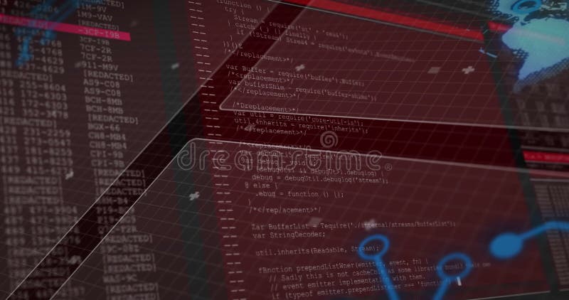 Animering som visar datorkod och digitalt gränssnitt med röd och blå grafik vektor illustrationer