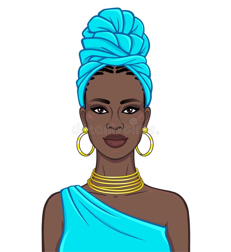 Animeringst? ende av den h? rliga svarta kvinnan i en bl? turban och guld- smycken vektor illustrationer