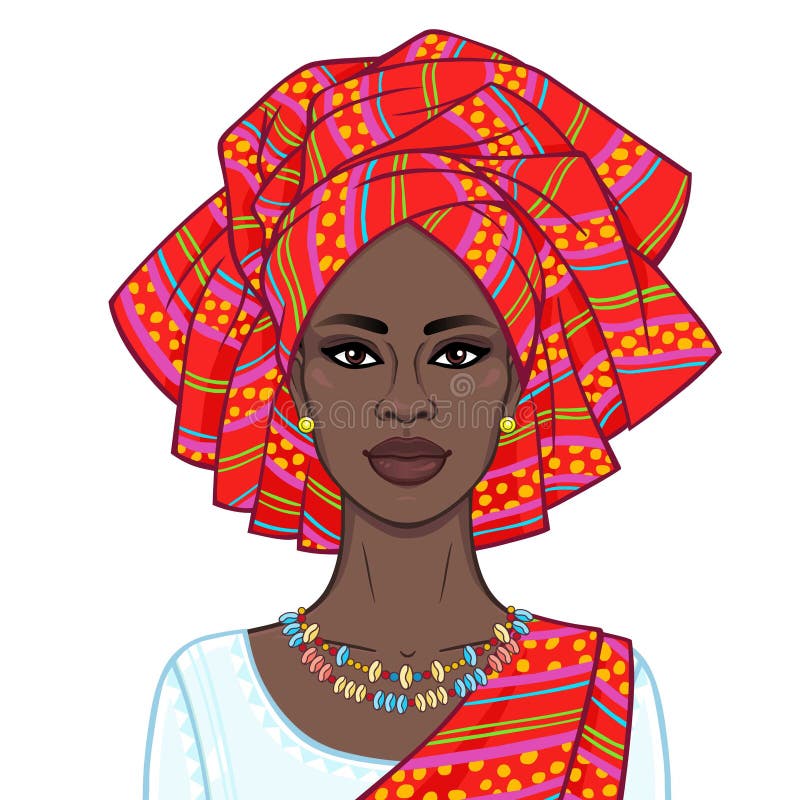 Animeringstående av den härliga svarta kvinnan i en turban och person som tillhör en etnisk minoritetsmycken stock illustrationer