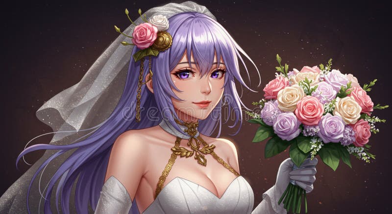 Animestyle illustration av en ung kvinna med långt lavandehår försedd med stock illustrationer