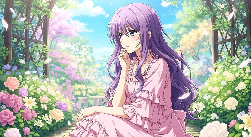 Animestyle illustration av en ung kvinna med långt lavandehår i en lush royaltyfri illustrationer