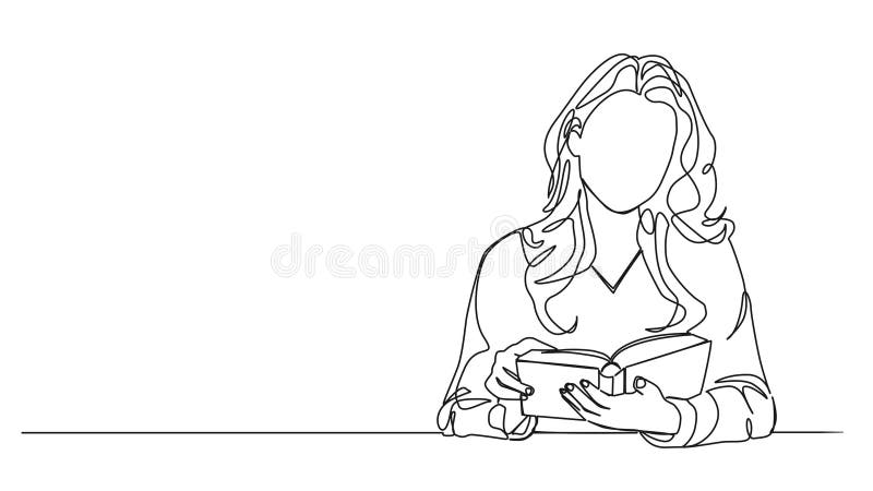Animierte Einzelzeilenzeichnung der Frau, die am Tisch sitzt und ein Buch liest lizenzfreie abbildung