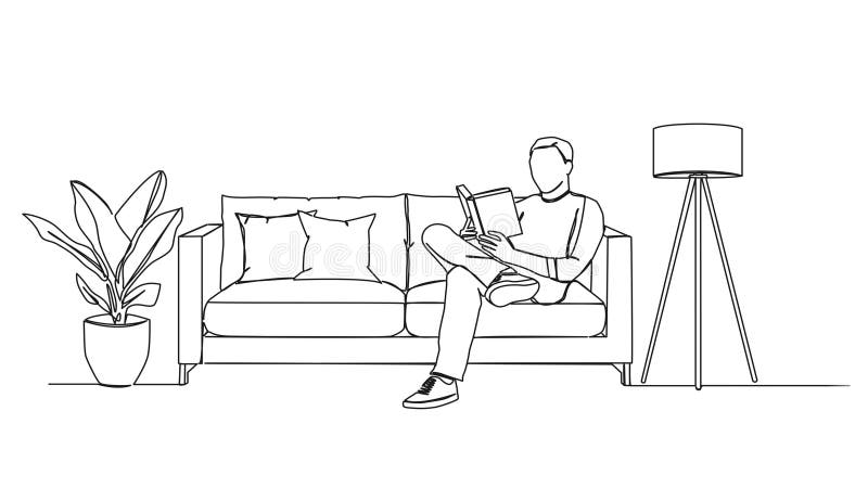 Animierte Einzelzeilenzeichnung eines auf einem Sofa sitzenden Mannes, der ein Buch liest lizenzfreie abbildung