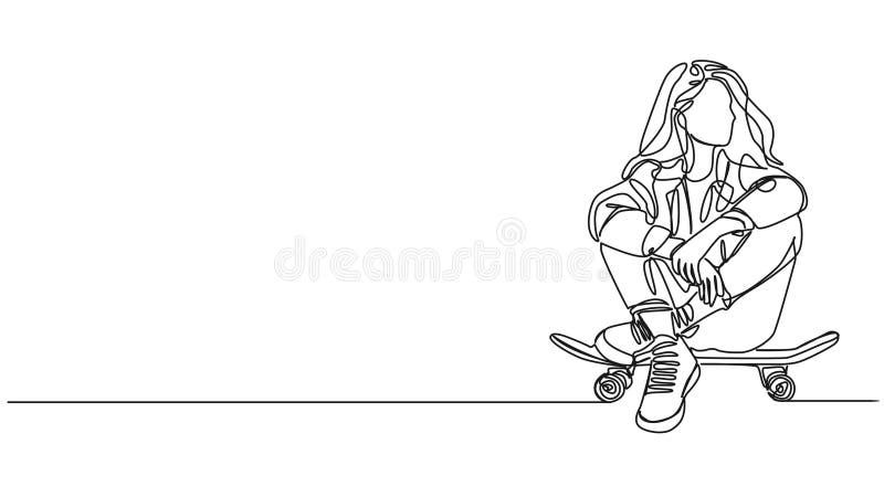 Animierte Einzelzeilenzeichnung junger Frauen auf Skateboard stock abbildung