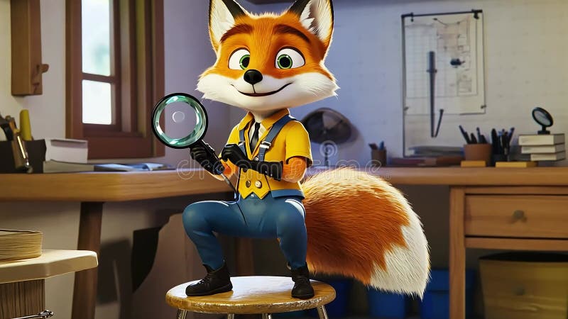 Animierte Fuchsfigur in menschlicher Kleidung, die eine Lupe auf einem Hocker in einer Werkstatt hält vektor abbildung
