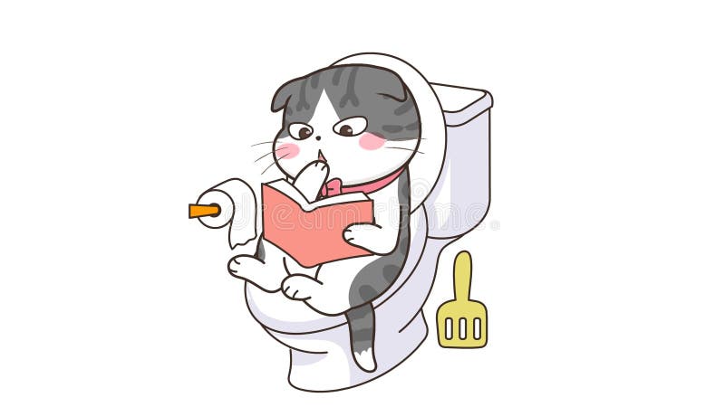 Animierte graue Katze auf weißem WC stock abbildung