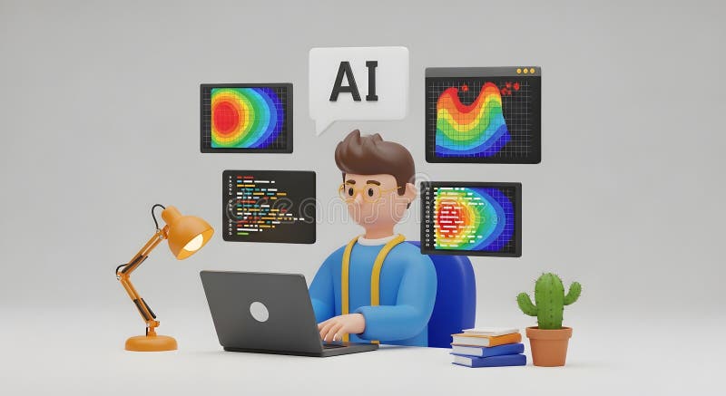Animierte Personen programmieren KI-Algorithmen und Visualisieren von Daten auf mehreren Bildschirmen vektor abbildung