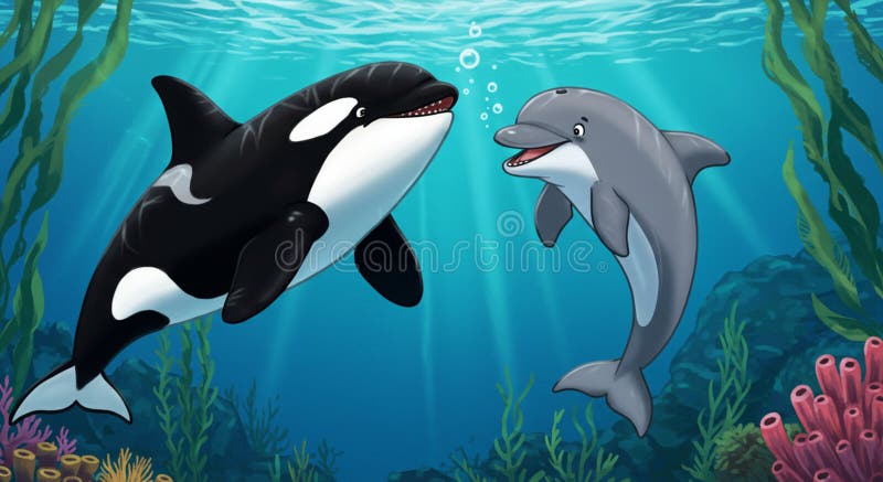 Animierte Szene mit einem Orca und einem Delphin unter Wasser, umgeben von vektor abbildung