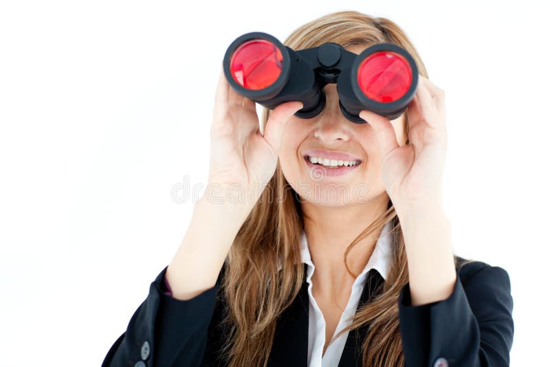 Animated businesswoman looking through binoculars against white background. Animated businesswoman looking through binoculars against white background